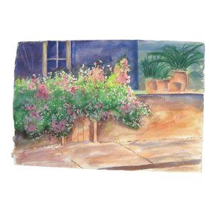 Garden Scene Watercolor Painting Paper Art Signed Unmounted 22 In Mikey Kneeland